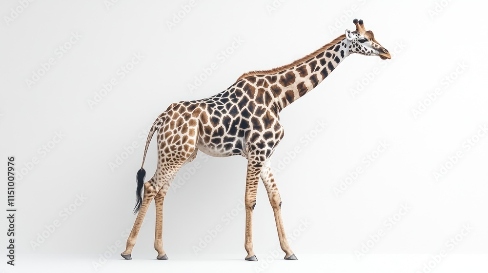 Fototapeta premium A giraffe walking on a white background.