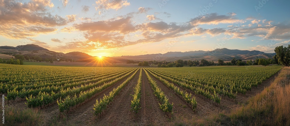 Sunset over Vineyard Rows in Rolling Hills Sunset over Vineyard Rows in Rolling Hills