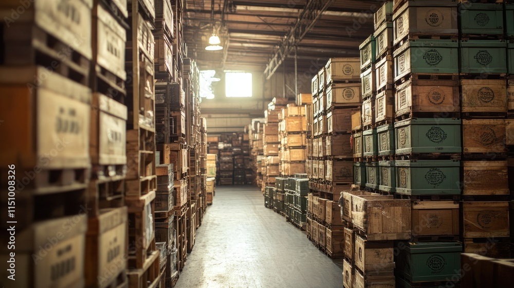 Warehouse Interior: Rows of Stacked Wooden Crates in a Large Industrial Building Warehouse Interior: Rows of Stacked Wooden Crates in a Large Industrial Building