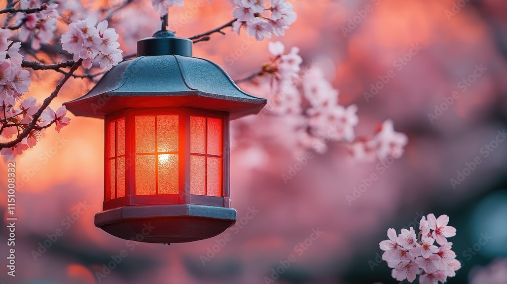 Serene Sunset: Illuminated Lantern Amongst Cherry Blossoms Serene Sunset: Illuminated Lantern Amongst Cherry Blossoms