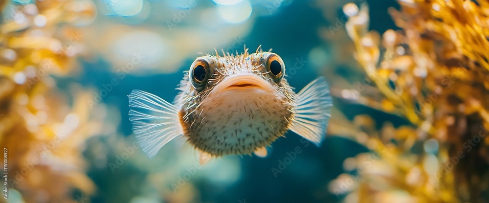 A close-up of a pufferfish swimming among aquatic plants. A close-up of a pufferfish swimming among aquatic plants.
