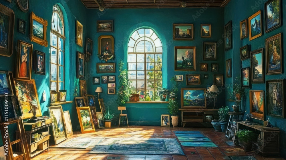Obraz premium Sunlit Art Gallery: A Teal Haven of Masterpieces