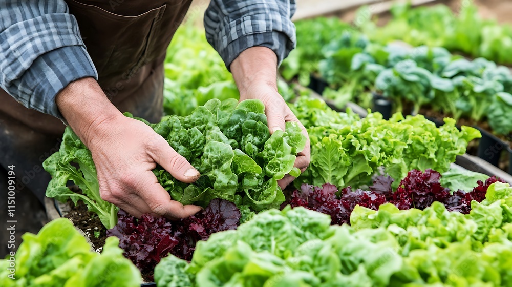Fototapeta premium Farmer's hands harvesting fresh lettuce in a garden.
