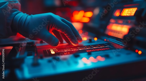 A close-up of a gloved hand pressing buttons on a sleek CNC machine interface, illuminated by bright industrial lighting, the glowing digital display reflecting on the metal surface,