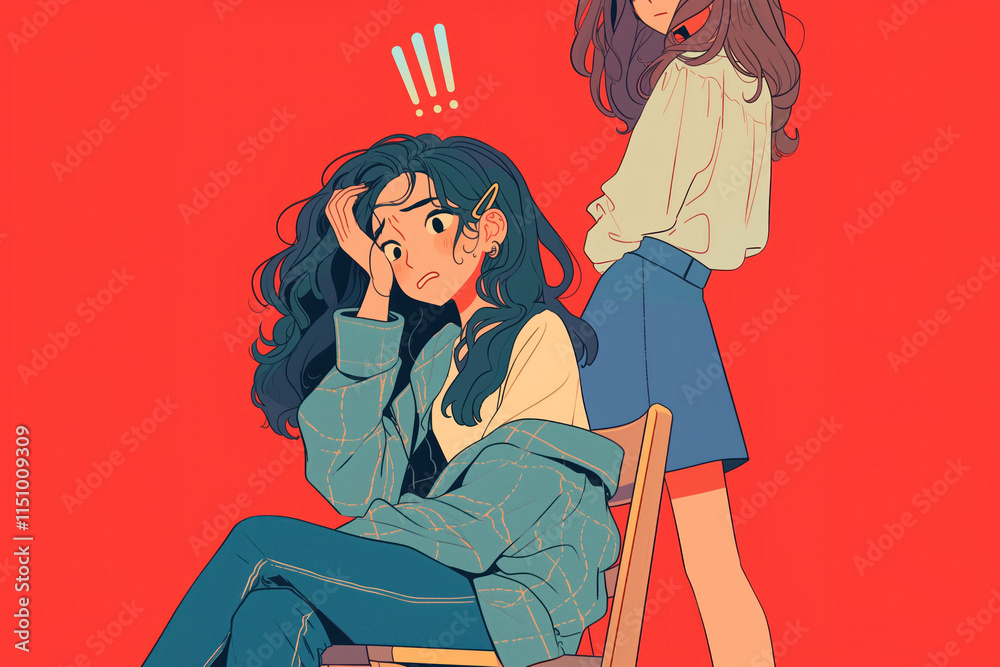 anime manga style illustration awkward social interaction confusing frustrating pier pressure gossip red background anime manga style illustration awkward social interaction confusing frustrating pier pressure gossip red background