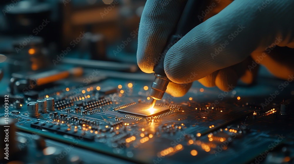 A close-up of a gloved hand soldering a circuit board, the glowing tip of the soldering iron melting solder onto precise connections, intricate details of the board and components in sharp focus, A close-up of a gloved hand soldering a circuit board, the glowing tip of the soldering iron melting solder onto precise connections, intricate details of the board and components in sharp focus,