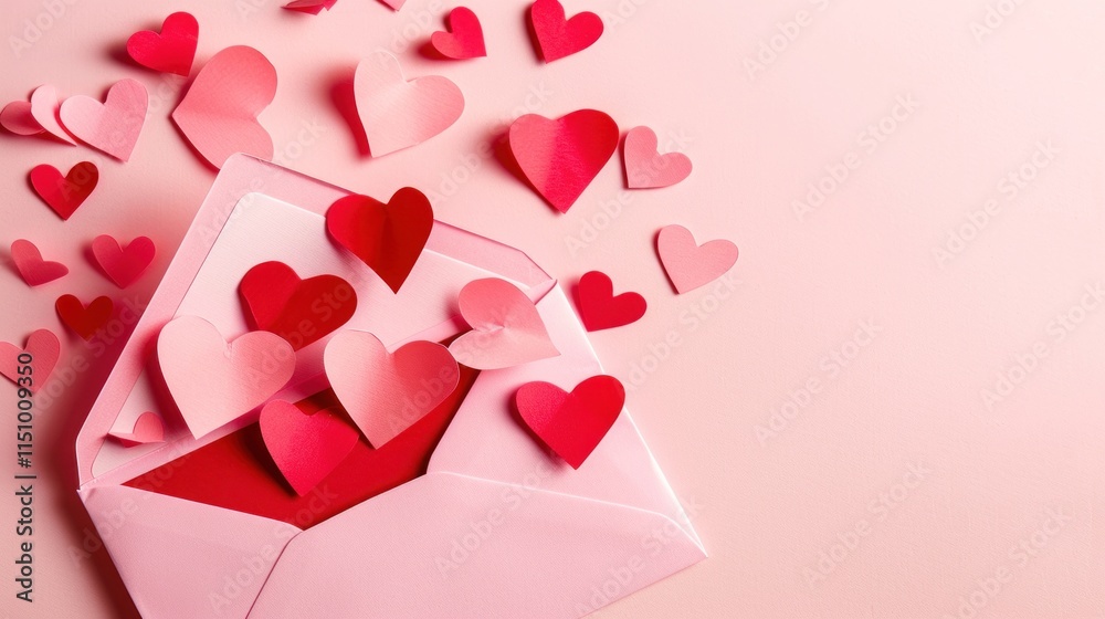 A pink envelope spills colorful hearts on a soft pink surface, ideal for love notes or celebrations A pink envelope spills colorful hearts on a soft pink surface, ideal for love notes or celebrations