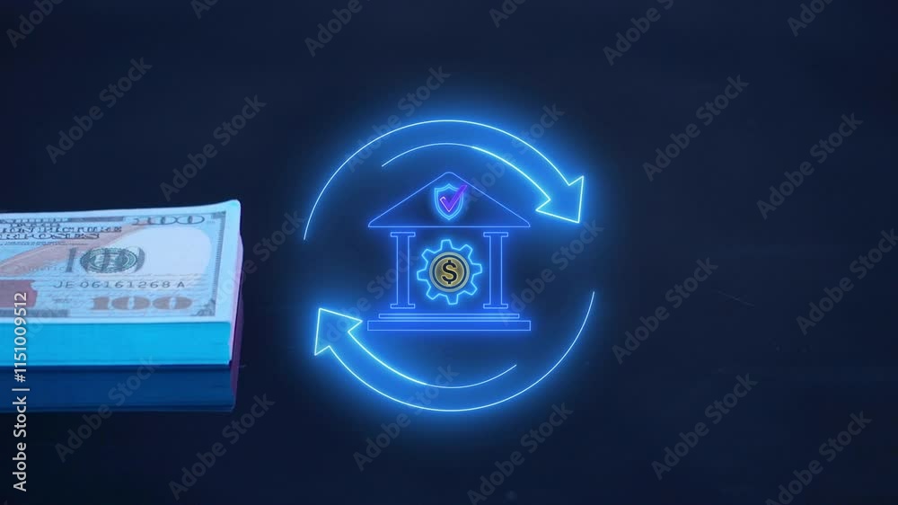 Bank transfer icon. Money transfers from different currencies internationally and currency exchange. Online banking and interbank payment. Banking icon with cycle on virtual screen.