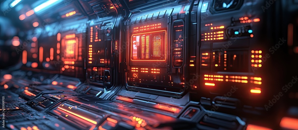Obraz premium Futuristic Spaceship Control Panel: A Glowing Interface of Orange and Blue