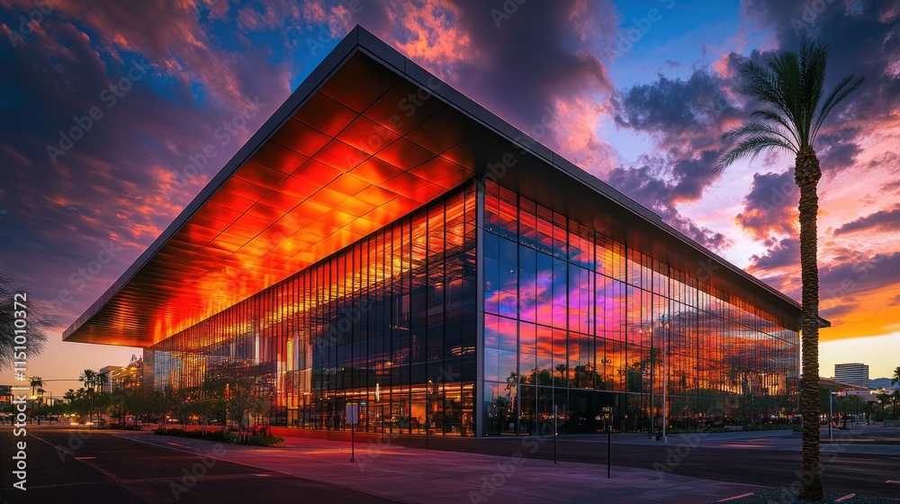 Obraz premium Stunning Modern Architecture at Dusk Reflected in Glass Facade with Colorful Sunset Sky and Dramatic Clouds Over Palm Trees and Urban Landscape