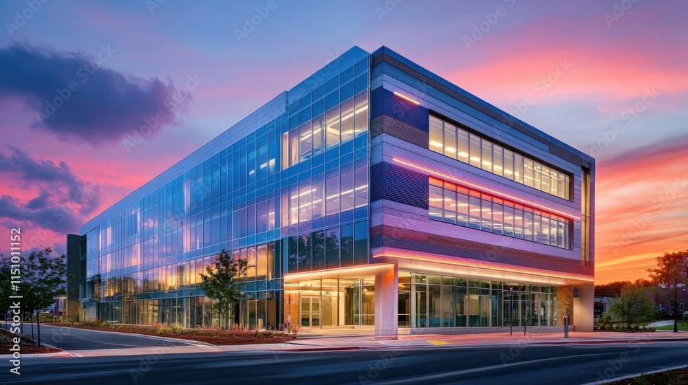 Obraz premium Modern Architectural Building with Glass Facade at Twilight, Showcasing Vibrant Sunset Colors and Sleek Design Elements in an Urban Environment