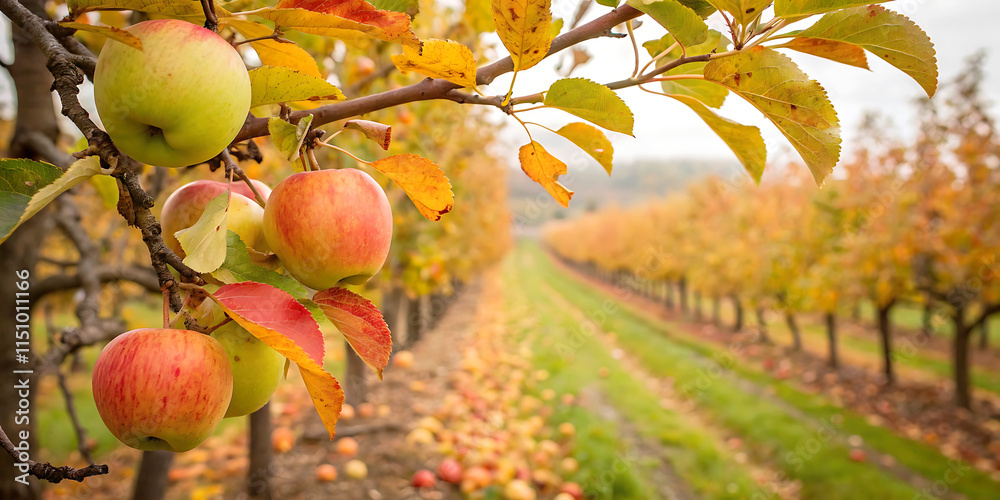 Fototapeta premium autumn apples hanging from a tree branch
