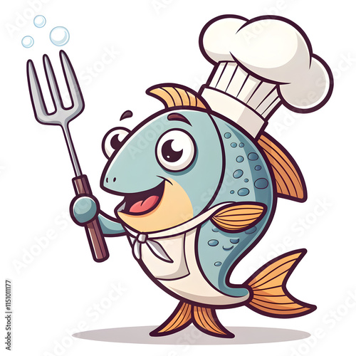 Here's a and keyword list suitable for submitting this image to a stock photo site.. Cartoon chef fish in frying pan