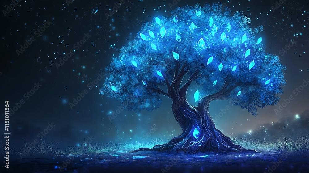Glowing blue tree at night with magical leaves and sparks. Glowing blue tree at night with magical leaves and sparks.