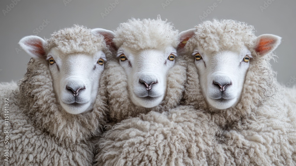 Three fluffy sheep huddled together, looking directly at the camera against a neutral background.