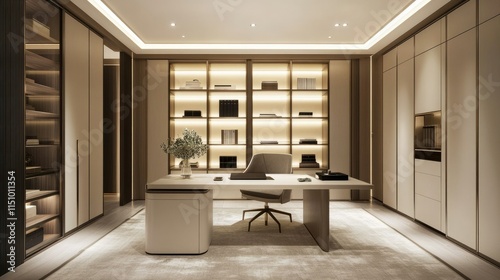 Modern Office Interior with Elegant Design Featuring Minimalist Furniture, Stylish Shelves, and Soft Lighting for a Productive Work Environment