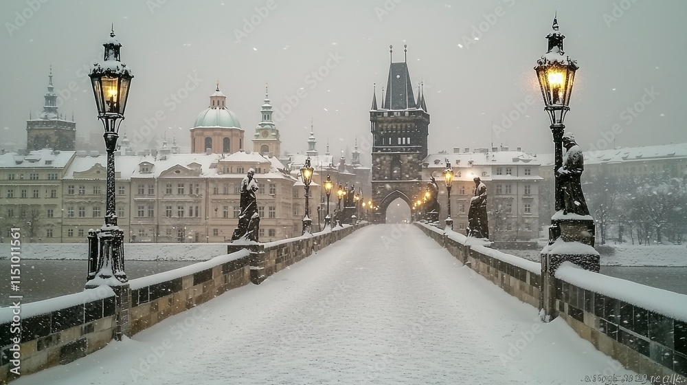 Obraz premium Snow Covered Charles Bridge in Prague, Czech Republic During a Snowstorm