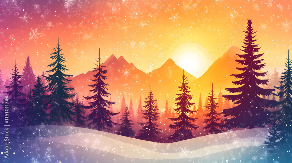 A vibrant winter landscape with colorful trees, mountains, and a setting sun, creating a serene and enchanting atmosphere A vibrant winter landscape with colorful trees, mountains, and a setting sun, creating a serene and enchanting atmosphere