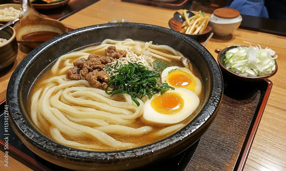 A bowl of udon noodles topped with meat, green onions, sesame, and soft-boiled eggs. A bowl of udon noodles topped with meat, green onions, sesame, and soft-boiled eggs.