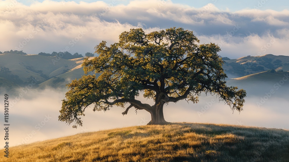 solitary tree on a hill surrounded by misty mountains solitary tree on a hill surrounded by misty mountains