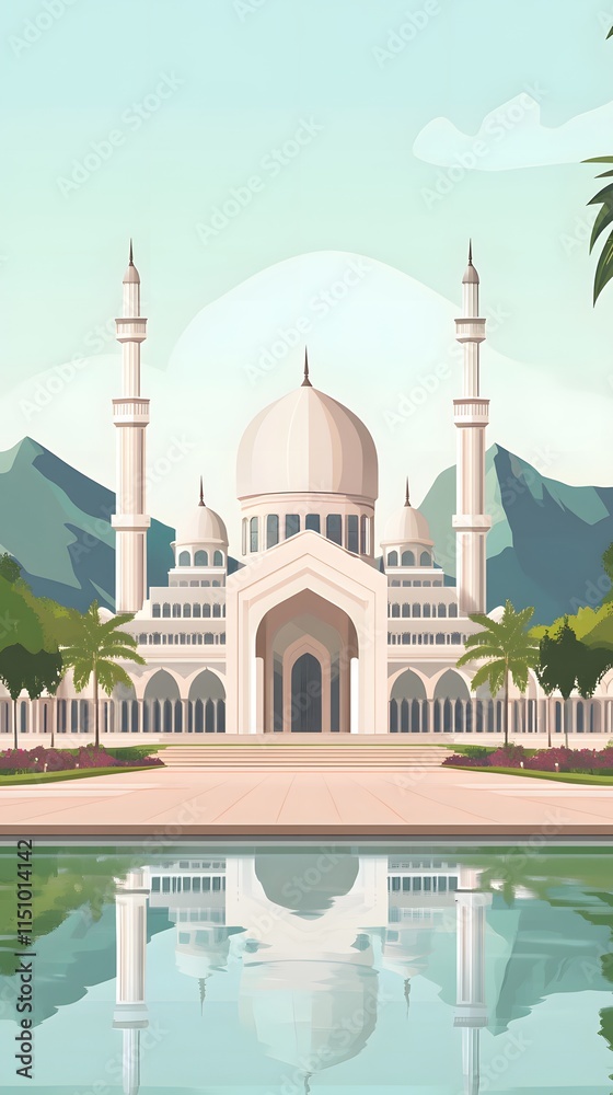 Naklejka premium luxurious and magnificent mosque building, with a large and beautiful garden, with beautiful mountain views