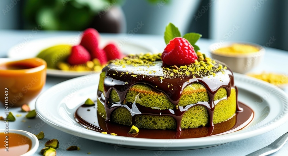 Decadent chocolate cake, fresh strawberries, melted chocolate drizzle, pistachio crumbs, elegant white plate, warm candlelight, vibrant colors, food photography, close-up shot, shallow depth of field, Decadent chocolate cake, fresh strawberries, melted chocolate drizzle, pistachio crumbs, elegant white plate, warm candlelight, vibrant colors, food photography, close-up shot, shallow depth of field,