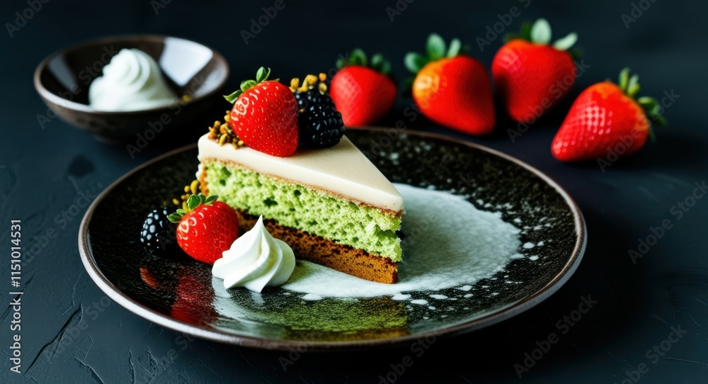 dark background, plate with green cake slice, red strawberries, white eggs in bowl, contrast colors, food photography, gourmet dessert, stylish presentation, minimalist composition, fresh ingredients, dark background, plate with green cake slice, red strawberries, white eggs in bowl, contrast colors, food photography, gourmet dessert, stylish presentation, minimalist composition, fresh ingredients,