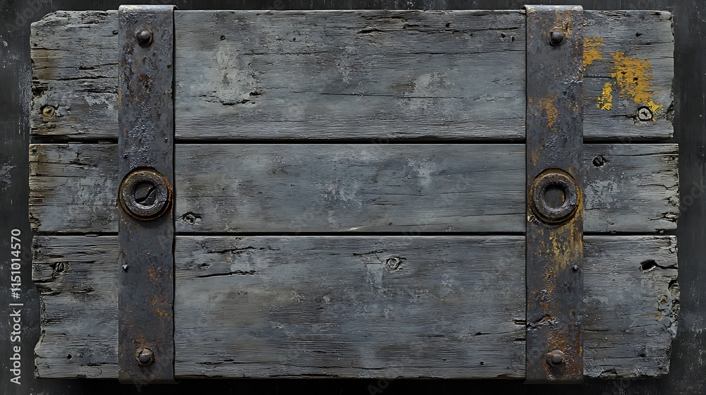 Weathered gray wooden planks with rusted metal straps, ideal for rustic backgrounds or textures. Weathered gray wooden planks with rusted metal straps, ideal for rustic backgrounds or textures.
