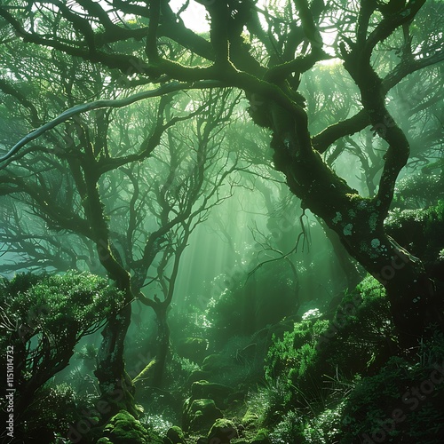Solo Climber in Vibrant Forest with Sunlight Rays, Serene Forest Pathway at Dawn, Forest with Lush Green Undergrowth - Peaceful Woodland Landscape.


