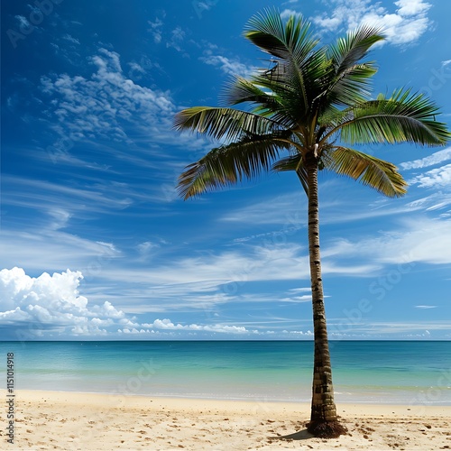 Palms on a beautiful beach and clear sea water, beach with palm trees, Beautiful palm tree on tropical island beach on background blue sky with white clouds and turquoise ocean on sunny day.