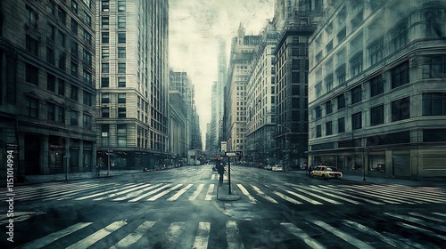 Deserted city street on a gloomy day.