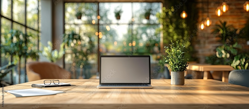 Laptop on Wooden Desk in a Modern, Plant-Filled Workspace Laptop on Wooden Desk in a Modern, Plant-Filled Workspace