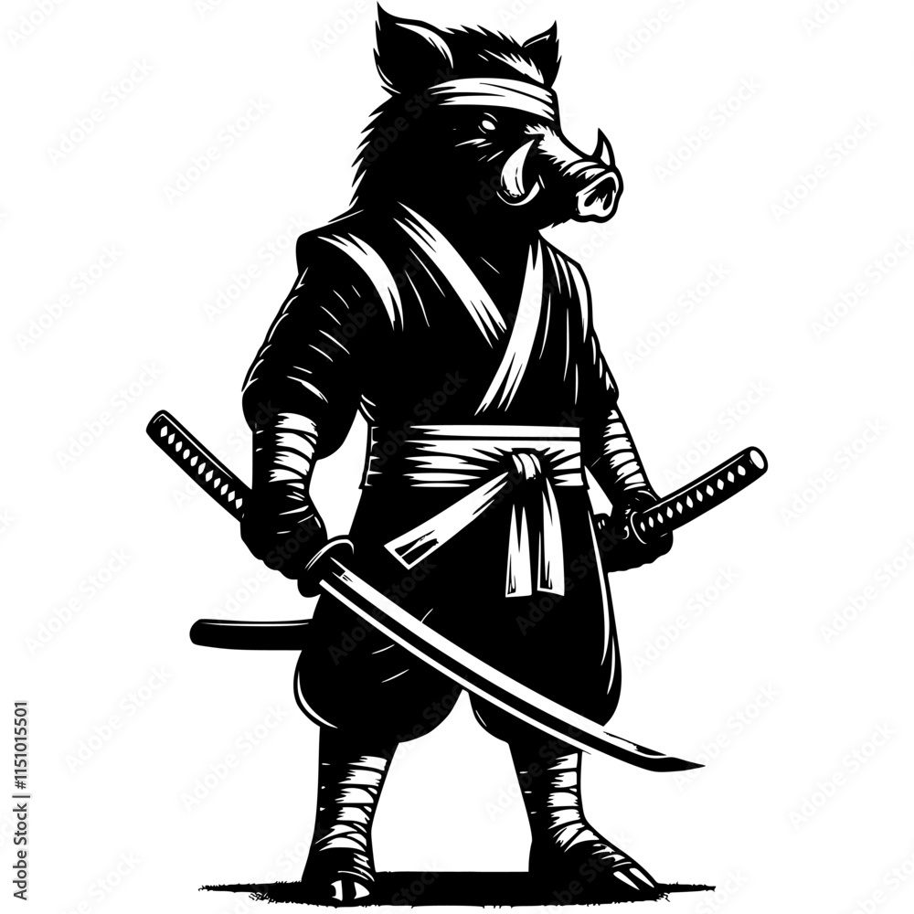 Ninja fighter boar armed with katana sword in fighting stance in monochrome. Wild boar animal warrior. Tattoo minimalistic vector in black ink drawing on transparent background Ninja fighter boar armed with katana sword in fighting stance in monochrome. Wild boar animal warrior. Tattoo minimalistic vector in black ink drawing on transparent background