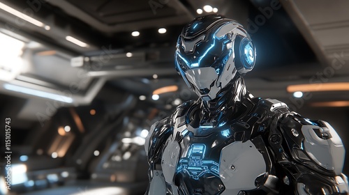 Fototapeta Naklejka Na Ścianę i Meble -  Futuristic robot in a high-tech spaceship interior.