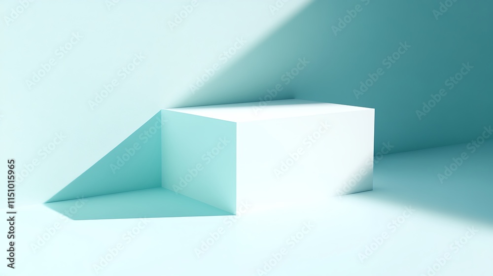 Minimalist white cube on light blue background with diagonal shadow. Minimalist white cube on light blue background with diagonal shadow.