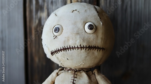 Spooky beige mannequin with eyes and mouth sewn shut with cross-stitch threads, towering tall and thick, exuding an eerie, unsettling presence.