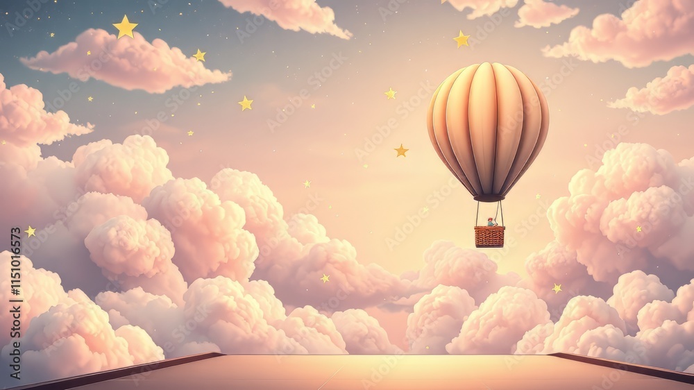Obraz premium Pastel Hot Air Balloon Newborn Greeting Card Design, Baby Shower Invitation, Clouds, Stars, Bright Colors