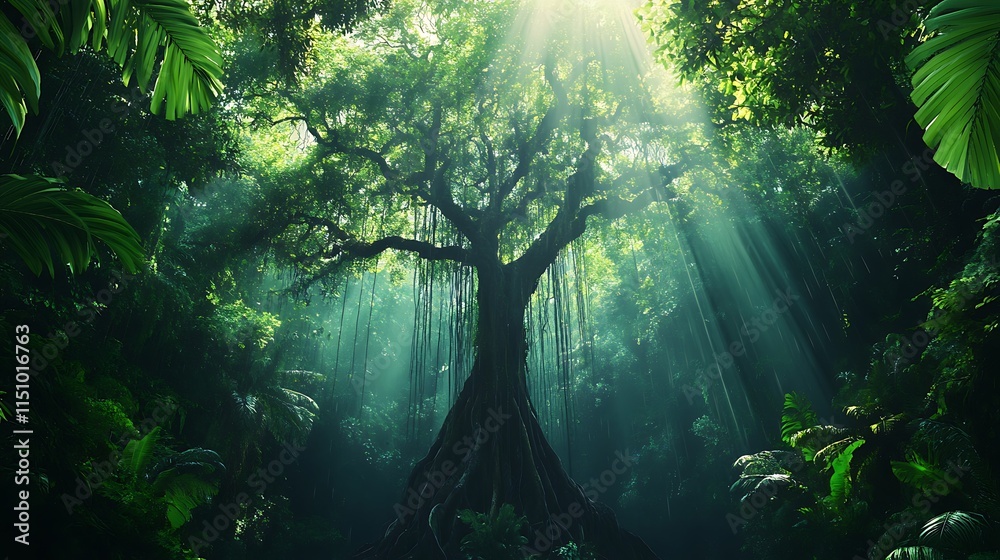 Obraz premium Majestic tree in lush rainforest with sun rays.