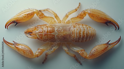 Overhead view of a pale yellow pseudoscorpion, showcasing its segmented body, eight legs, and prominent pedipalps. photo