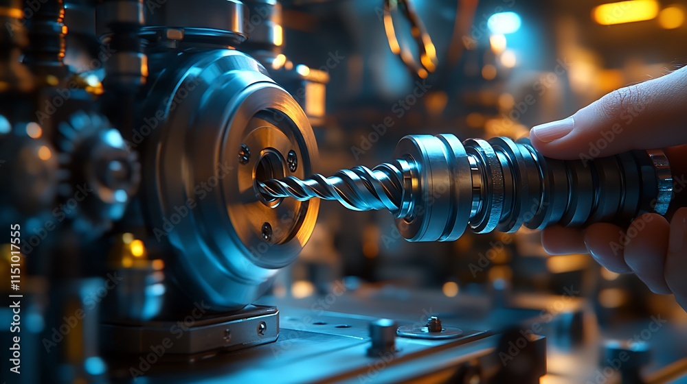 A precise macro shot of fingers inserting a drill bit into a chuck, the textured steel gleaming under bright workshop lighting, industrial ambiance in the background, vivid mechanical details, A precise macro shot of fingers inserting a drill bit into a chuck, the textured steel gleaming under bright workshop lighting, industrial ambiance in the background, vivid mechanical details,
