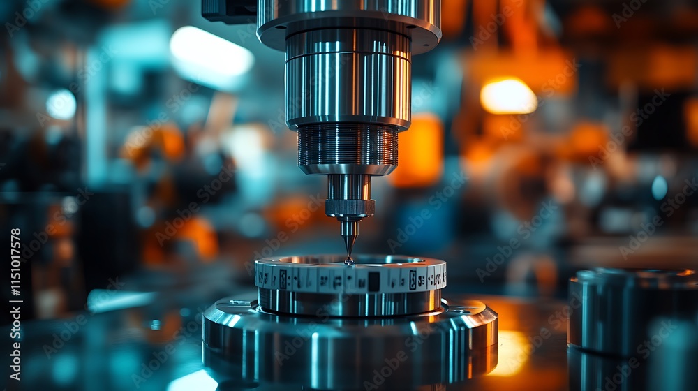 A precise shot of a micrometer measuring the edge of a cylindrical metallic component, sharp focus on the tool and measurement, glowing reflections from LED workshop lights, A precise shot of a micrometer measuring the edge of a cylindrical metallic component, sharp focus on the tool and measurement, glowing reflections from LED workshop lights,
