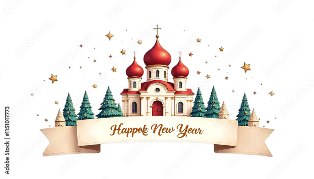 Elegant Orthodox Church Centerpiece with Cyrillic 'Happy Orthodox New Year' and Stars on White Generated by AI Elegant Orthodox Church Centerpiece with Cyrillic 'Happy Orthodox New Year' and Stars on White Generated by AI