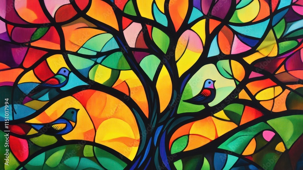Vibrant Tree of Life with Birds: A Colorful Abstract Painting Vibrant Tree of Life with Birds: A Colorful Abstract Painting