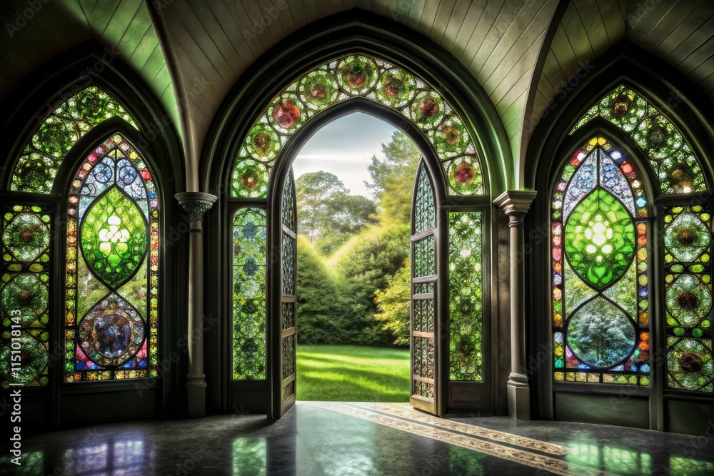 Fototapeta premium A dreamlike portal, a luxurious stained-glass archway leads to a mystic, otherworldly realm.