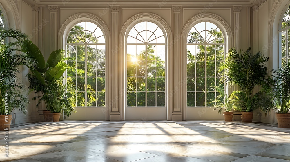 Elegant sunlit conservatory with large arched windows. Concept of luxury, tranquility, and nature. Elegant sunlit conservatory with large arched windows. Concept of luxury, tranquility, and nature.