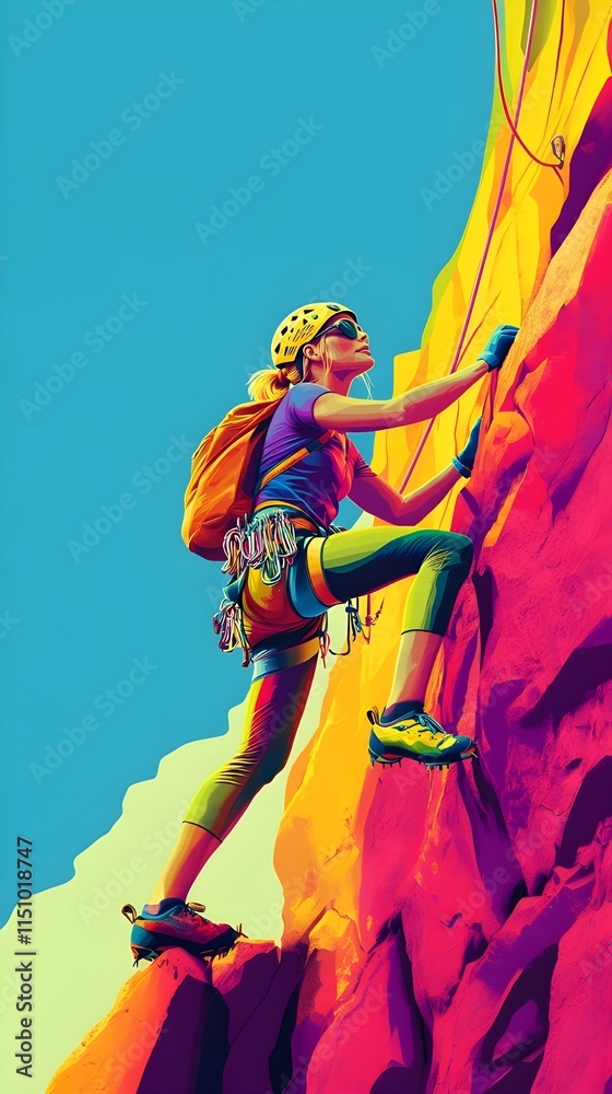 Fototapeta premium A determined rock climber ascends a challenging cliff face, embracing the thrill of adventure Outstanding colors