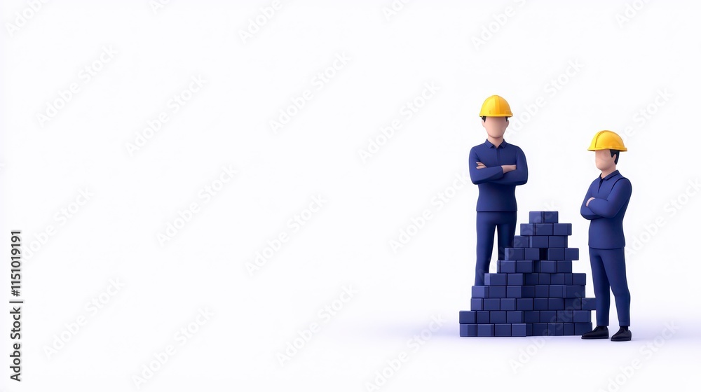 Two construction workers in hard hats stand confidently beside a stack of blocks on a plain background, symbolizing teamwork and industry. Two construction workers in hard hats stand confidently beside a stack of blocks on a plain background, symbolizing teamwork and industry.