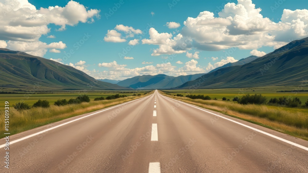 Scenic Asphalt Road Through Green Valley to Mountains - AI Photo Scenic Asphalt Road Through Green Valley to Mountains - AI Photo