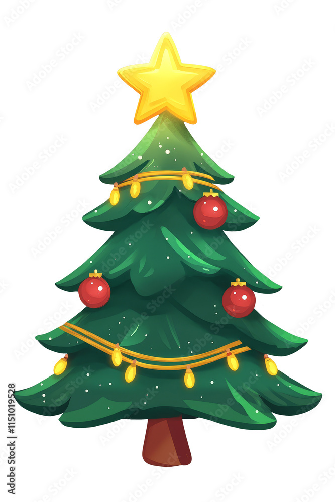 Decorated Christmas tree with ornaments, ribbons, and a star for the holiday season. Decorated Christmas tree with ornaments, ribbons, and a star for the holiday season.