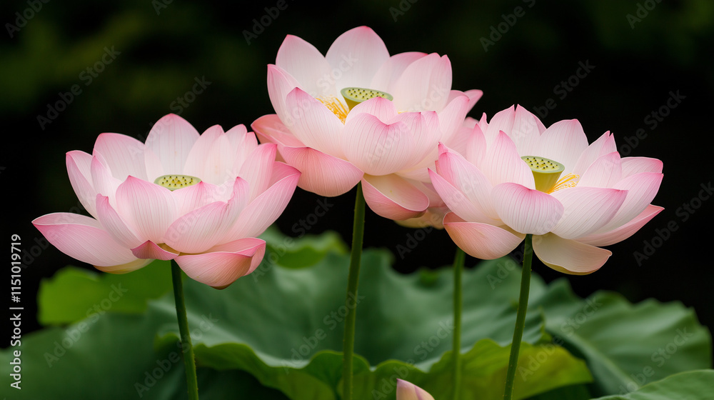 Lotus Blooms in Tranquility: A trio of delicate pink lotus blossoms graces a serene pond, their petals unfurling in a symphony of natural beauty, symbolizing purity, enlightenment. Lotus Blooms in Tranquility: A trio of delicate pink lotus blossoms graces a serene pond, their petals unfurling in a symphony of natural beauty, symbolizing purity, enlightenment.